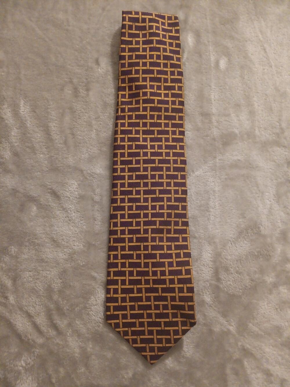 Sulka Geometric Gold Brick Print Mens Tie Silk Made In France 57L x 3.75W